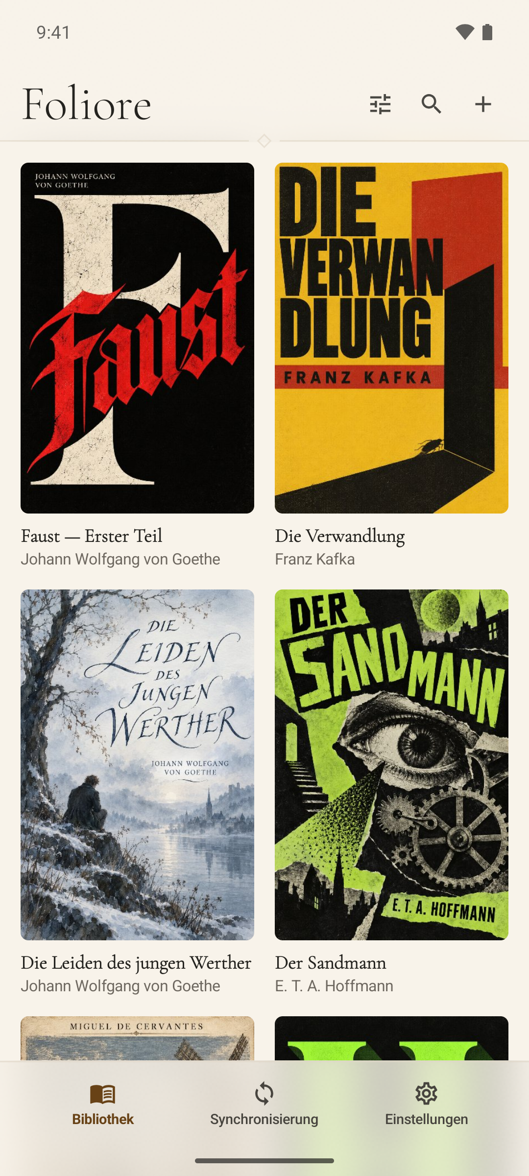 Foliore-Bibliothek in zwei Spalten mit Buchcovern in verschiedenen Stilen