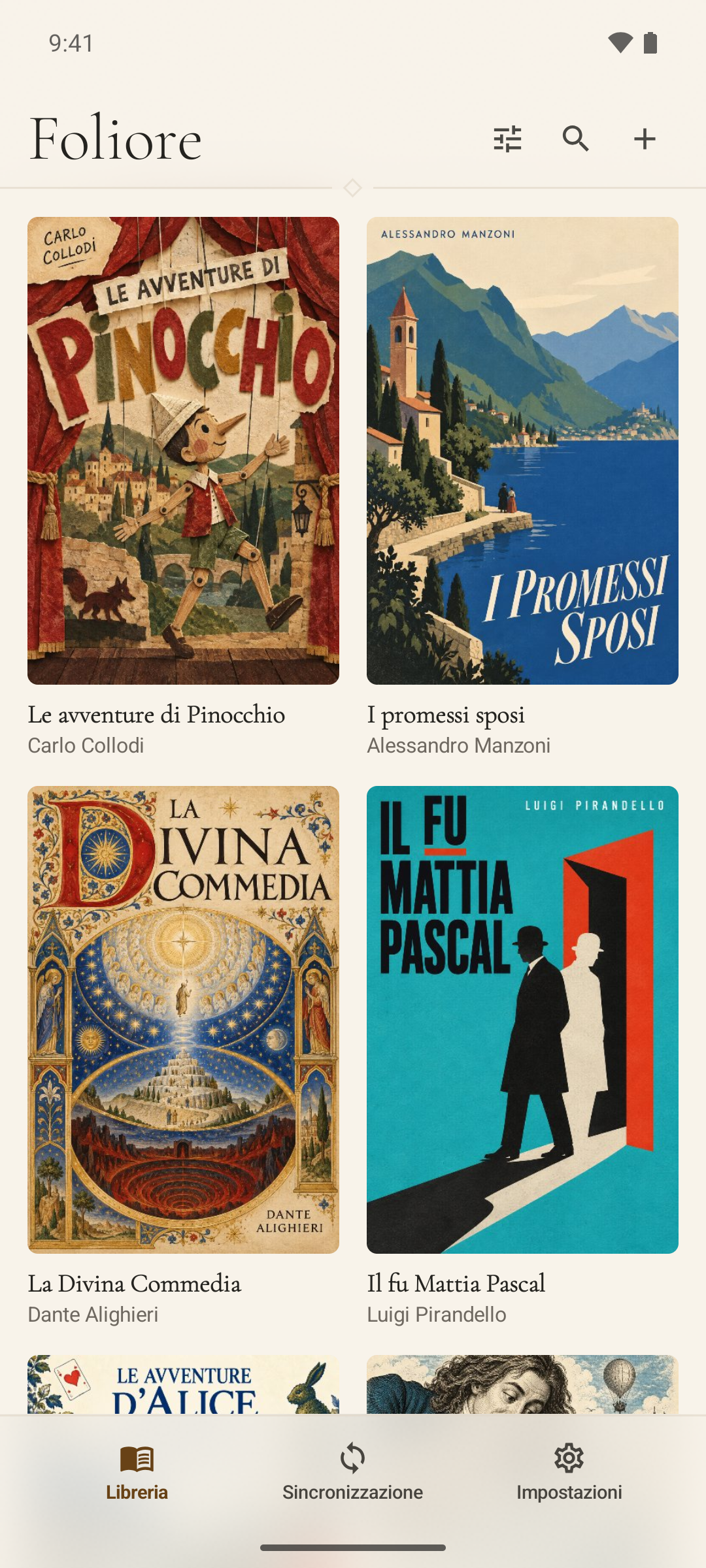 Biblioteca di Foliore su due colonne, con copertine di stili diversi