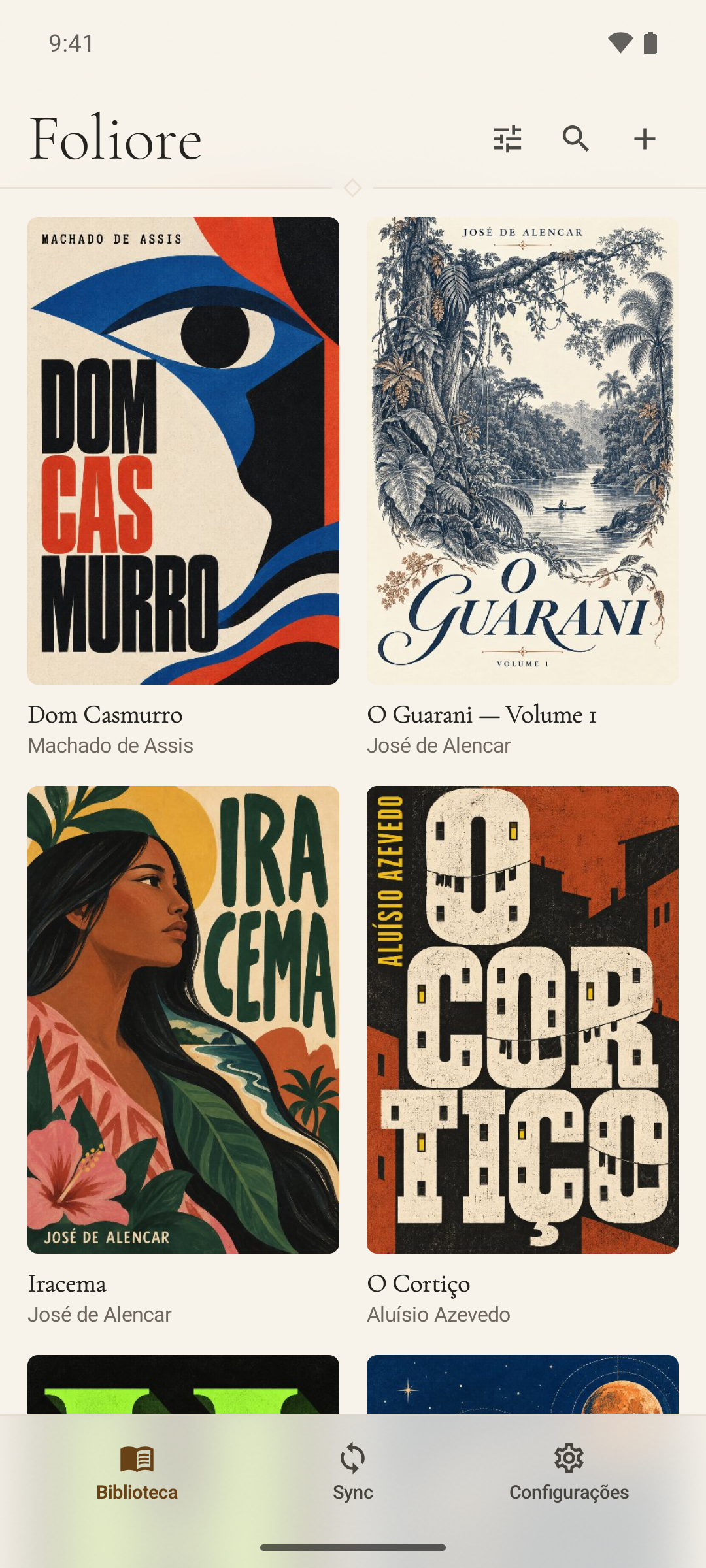 Biblioteca do Foliore em duas colunas, com capas de estilos variados